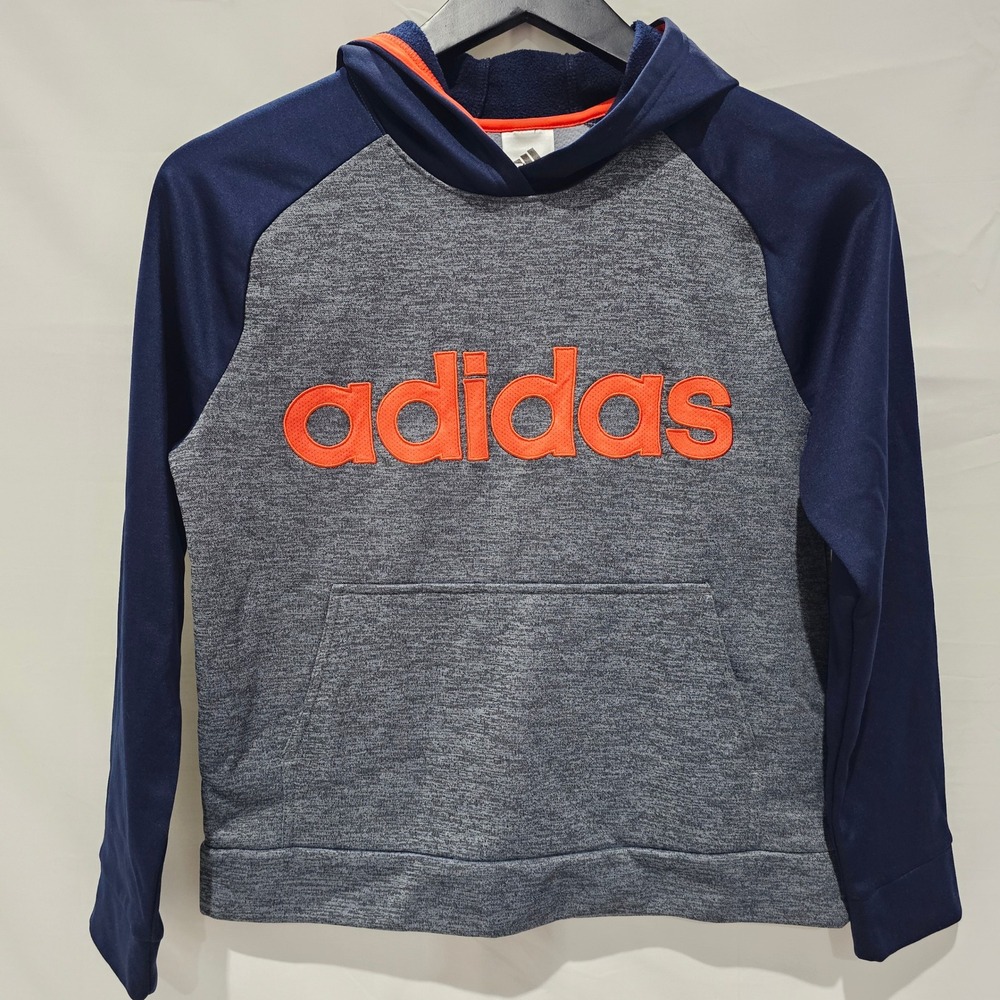 Adidas Boys Size 14/16 Gray Navy Blue Orange Logo Pullover Hoodie Athleticwear